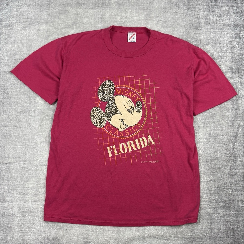 Mickey Mouse Shirt Mens XL Pink Disney FLorida Velva Sheen Vtg 80s Single Stitch